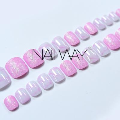 China Easy Apply High Quality Cheap Price Glitter Marbling Kids Nail Press On Nails Soft Short Fake Nails for sale