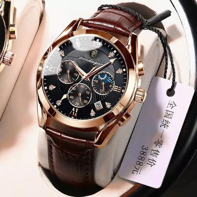 China New Fashion Chronograph Luxury Mens Watches Stainless Steel Leather Band Day/Date Watches Men Wrist Quartz Clock With Indicator Light for sale