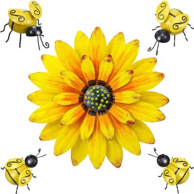 China Durable 12 Inch Metal Flower Wall Decor With 4 Pieces Small Size Art Bee 3D Sculpture Wall Metal Set Inspired Iron Bee Floral Decor for sale