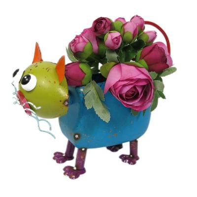 China Durable Metal Animal Planter Hands Painted Colorful Animal Garden Animal Planter Pot Metal Cat Planter Iron Desktop Inspiration for sale