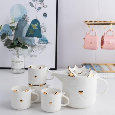 China Cartoon Factory Custom Light Luster Kitty Ceramic Tea Set Luxury White Colorful Ceramic Tableware With Painting Gold for sale