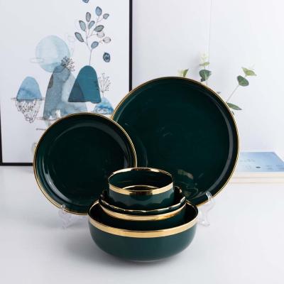 China Sustainable Western Style Green With Gold Ceramic Rim Plate Bowl Dishes Spoon Dinnerware Set for sale