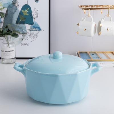 China Fascinating European simple style, blue diamond-shaped ceramic soup pot with ceramic bowl, 7-piece ceramic soup pot set for sale