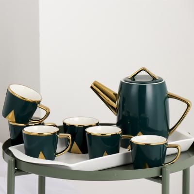 China Viable Wholesale Cheap Modern Home Hotel Used Matte Green Luster Creative Ceramic Luxury Coffee Tea Set for sale