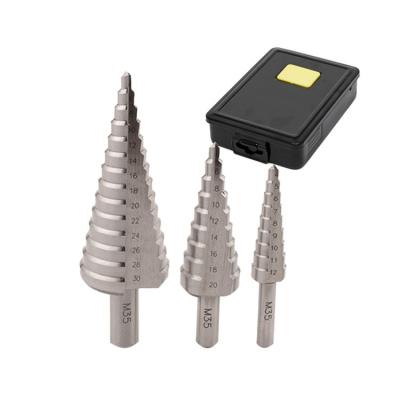 China 3Pcs Straight Flute Shank HSS M35 Cobalt Steel Metric Round Step Drill Bit Set For Metal Sheet Drilling In Metal Box for sale