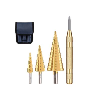 China 3Pcs Three Flats Shank Straight Flute HSS Metric Steel Titanium Step Drill Bit Set With Auto Punch In Nylon Bag for sale