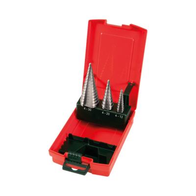 China Three Leg Flats 3Pcs HSS Steel Metric Bright Groove Step Drill Bit Straight Set For Sheet Tube Metal Drilling In Plastic Box for sale