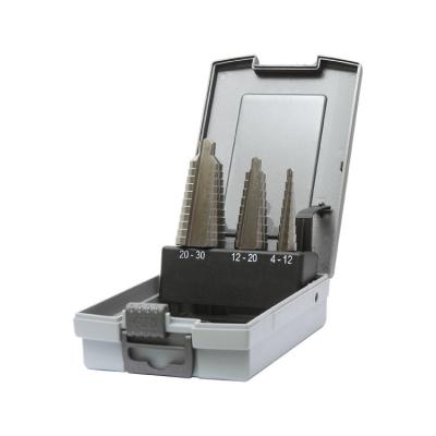 China 3 Flats 3Pcs Straight Shank HSS Metric Step Shank Drill Bit Set For Sheet Tube Metal Drilling In Plastic Box for sale