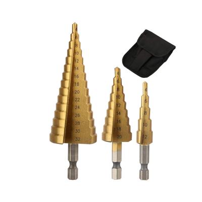 China Unibit Steel Metric Taper Hex Shank 3Pcs Titanium HSS Step Drill Bit Set For Metal In Nylon Bag for sale