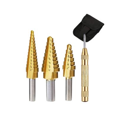 China HSS 3Pcs Inch Steel Three Shank Flats Titanium Step Drill Bit Set With Auto Punch For Metal And Wood Drilling for sale