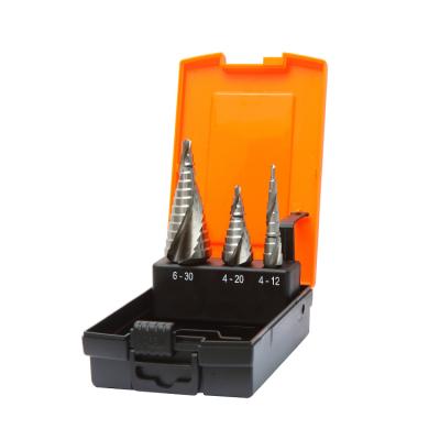 China 3 Flats 3Pcs Steel Metric Shank Spiral Groove HSS Step Drill Bit Set With Chip-breaker In Plastic Box for sale