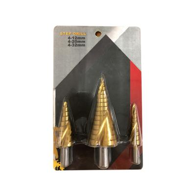 China Steel Metric Spiral Groove Shank Tri Flats 3Pcs Titanium Step Drill Bit Set In Double Blister for sale