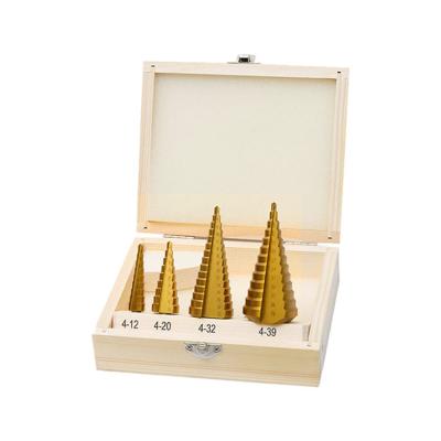 China 3 Flats 4Pcs Metric Steel Titanium Step HSS Straight Flute Shank Drill Bit Set For Metal Tube Sheet Drilling In Case for sale