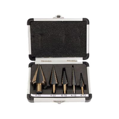 China 3 Flats 5Pcs Steel Metric Shank HSS Gold Black Gold Step Drill Bit Set For Metal Sheet Tube Drilling In Aluminum Case for sale