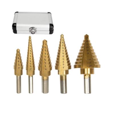 China 5Pcs Inch 3 Inch Flats Shank Straight Flute HSS Steel Titanium Step Drill Bit Set For Metal Tube Sheet Drilling In Aluminum Case for sale