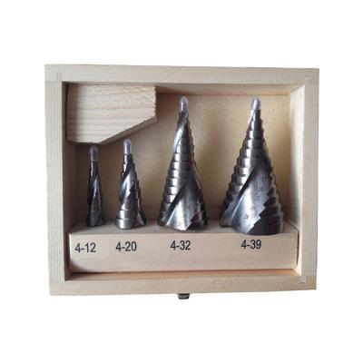 China Bright Three Flats 4Pcs Spiral Steel Metric Spline Shank Step Drill Bit Set For Sheet Metal Tube Drilling In Wooden Case for sale