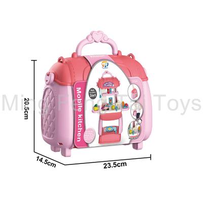 China Portable Bag Cookware Rack Toy Preschool Toy Girl Favorite Kitchen Set Toy Set Pink Color 3 IN 1 Mobile Kitchen Set for sale