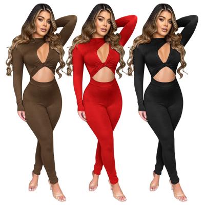 China M026 Breathable Stretchy Good Hollow Cut Long Sleeve Rompers 2022 Women One Piece Jumpsuit Plus Size Jumpsuits for sale