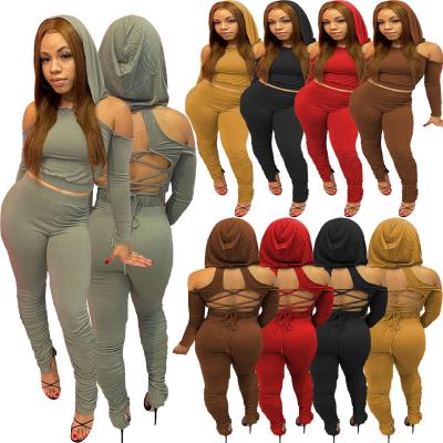 China M21907 breathable bandage crop top hoodie piled pants set solid color drop xs two piece set clothing for women for sale