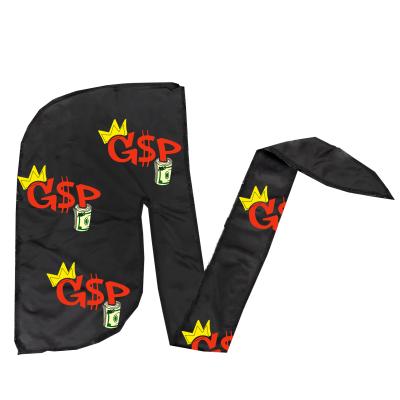 China Perfect for 360 black silky durag for man customize printing logo black durag long tail silky bandana for sale