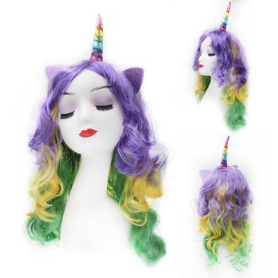 China Colorful Curly Body Wave Heat Resistant Synthetic Hair Wig Rainbow Unicorn Wig for sale