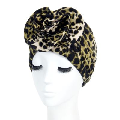 China DecorateÂ   Knit Animal Leopard Pattern Flower Turban Chemotherapy Cancer Hat for sale