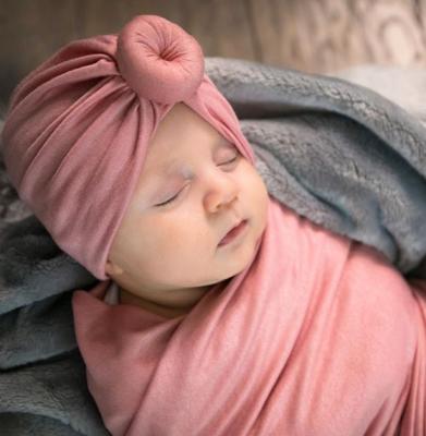 China Baby Turban Baby Turban Bun Checked Baby Beanie Hat Rose Blush Pink Turban Bun Hat Knot Hat for sale