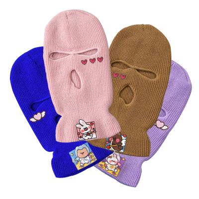 China COMMON three hole embroidery couple balaclava party face gini mask winter hat wool knitted ski mask full face ski mask hat for sale