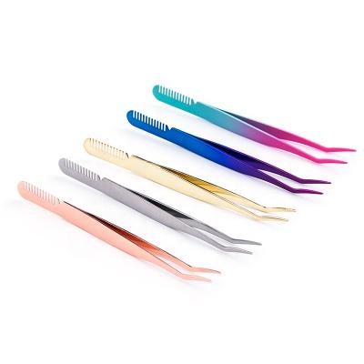 China Professional or Personal Perfect Oblique Nose Tweezers Point Eyelash Application Tool Daily Use Stainless Steel Curved Sharp Tweezers with Comb for sale