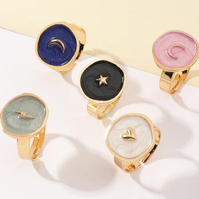 China Hot sale fashionable gold filled star and moon brass enamel adjustable rings round enamel gold filled rings enamel rings with color stone for sale