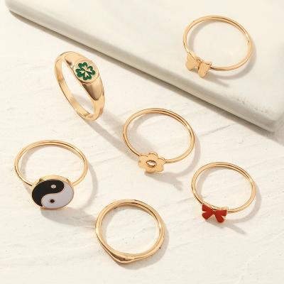 China Manufacturer Direct Selling 6PCS Trendy Fashion Rings Set Colorful Enamel Rings Flower Rings Gold Plated Jewelry for sale