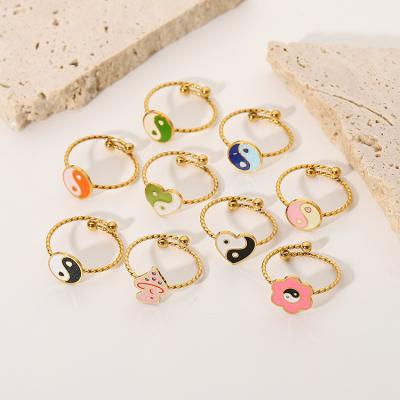 China Fashion Heart Ying Yang Symbol Rings Cute Mushroom Twist Rings TRENDY Thin Enamel Stainless Steel Adjustable Rings For Girls for sale