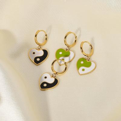 China TRENDY High End Stainless Steel Earring Tarnish Free Jewelry Gold Filled Black Enamel Heart Earrings Ying Yang Earrings for sale