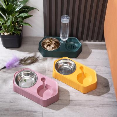 China Durable Non-slip Stainless Steel Plastic Pet Bowl Cat Dog Bowl Food Double Feeding Water for sale