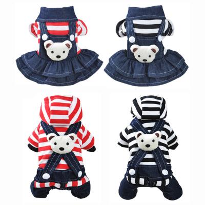 China Sustainable Pet Clothes and Accessories Striped Denim Jumpsuits Designer Cute Dog Clothes for sale