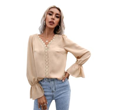 China Anti-pilling temperament hollow V-neck good quality lace hot sale long-sleeved shirt for sale