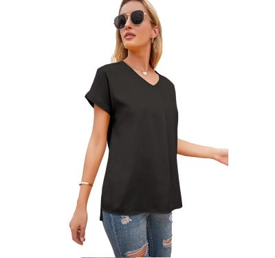 China Good Quality Anti-pilling Women's Casual V-Neck Blouse Appropriate Prices With Short Sleeves And Pleats for sale