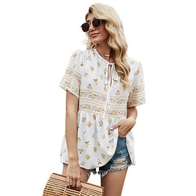 China Hot sale anti-pilling good quality round neck print blouse women's short sleeve pullover shirt for sale