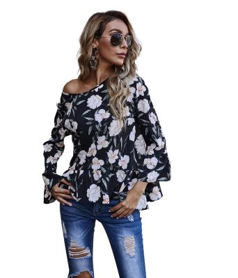 China Creative round neck design anti-pilling long sleeve chiffon shirt printed loose blouse top for sale