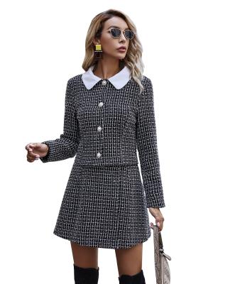 China Breathable Slim Pearl Button Lapel Color Plaid Color Show Temperament Fashion Long Sleeve Short Skirt Coat for sale