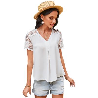 China High Quality Custom Made Viable Solid Color Lace V-Neck Solid Color Spliced ​​Top Loose Short Sleeve T-Shirt for sale