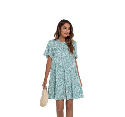 China Good Quality Breathable Universal Loose Dress With Round Collar Floral Lotus Sleeve Dress Fashion Women Dress for sale