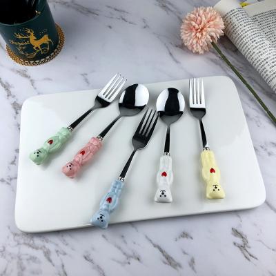 China Cute Bear Cartoon Long Handle Spoon Household Porcelain Tableware Stainless Steel Utensil School Eating Spoon for sale