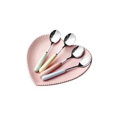 China Viable Tableware Ceramic Coffee Spoon Parent-child Cartoon 410 Stainless Steel Macaroon Color Round Spoon for sale