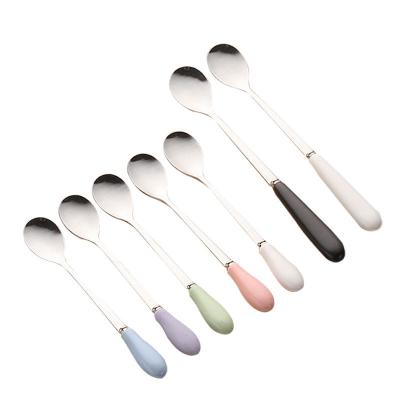 China Long Handle Disposable Ice Cream Scoop Stainless Steel Handle Porcelain Coffee Kids Spoon Korean Cup Spoon for sale