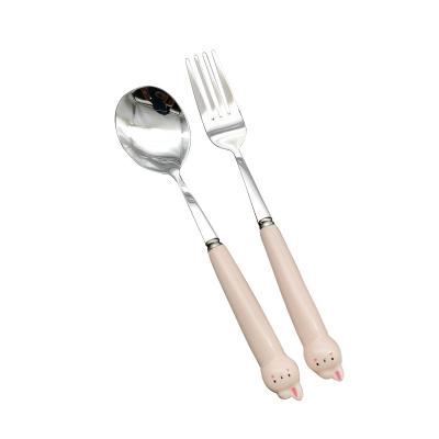 China Portable Reusable 410 Stainless Steel Cartoon Kid Student Handle Spoon Fork Ceramic Set Convenience Portable Reusable Cutlery Set for sale