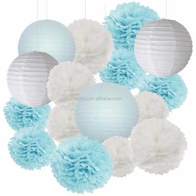 China Mixed 18pcs Boy's Disposable Baby Shower Decorations White and Baby Blue Tissue Pom Pom Flower and Paper Lantern Birthday Gifts for sale