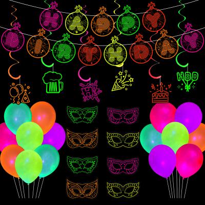 China Umiss Disposable Glow in the Dark Set Happy Birthday Banner Card Swirls Colorful Paper Masks Latex Balloons Party Decoration OEM for sale