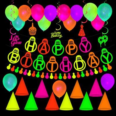 China Umiss 2022 Disposable Paper Glow in the Dark Set Happy Birthday Banner Card Swirls Hats Latex Balloons Party Decorations Supplies OEM for sale