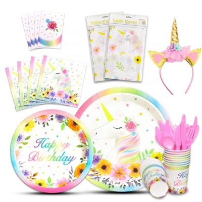 China Birthday Supplies Umiss Paper Serves 16 Guests Disposable Dessert Dinner Dishes Napkins, Unicorn Birthday Party Items for Kids Girls for sale